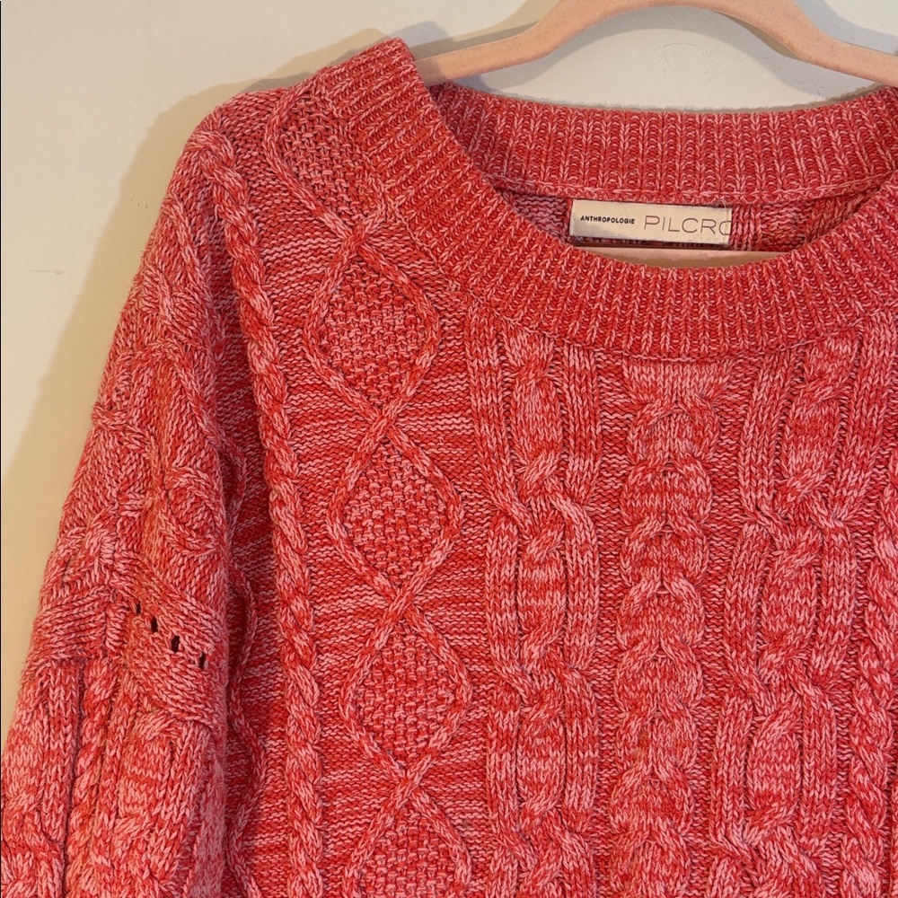 Marled Pink + Red Anthropologie Pilcro Thick Chunky Cableknit Sweater Salmon, L